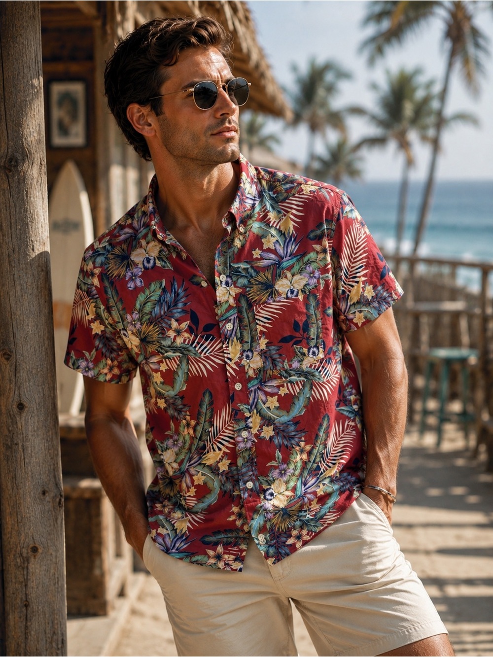 Gap Button Down Shirt Mens M Red Floral Cotton Stretch Tropical‎ Hawaiian Resort